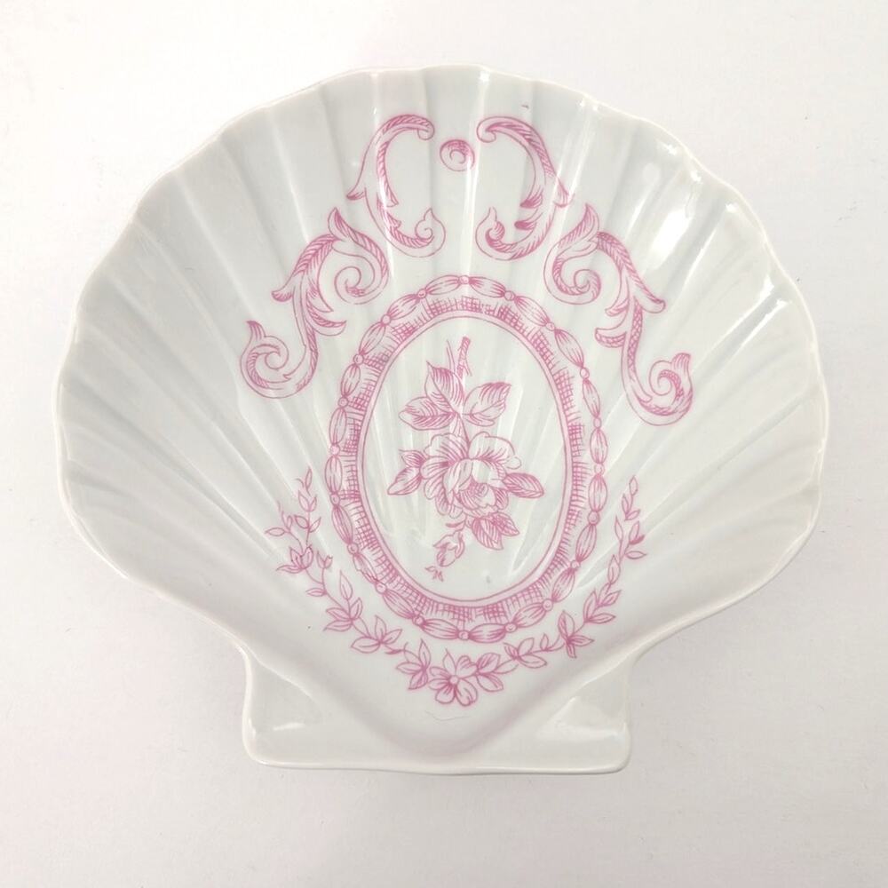 Vtg Porcelain De Paris Shell Dish Pink Floral Trinket Bowl Tray 5.25" France